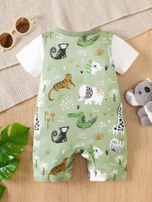 夏季男婴卡通考拉印花背带裤拼接二合一短袖连体衣 - 橄欖綠 - 查看 2