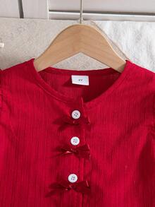 2pcs Girls Casual Solid Color Sleeveless Top With 3D Bow Decor & Button Design, And Elastic Waist Shorts Set, Spring/Summer - Red - View 3