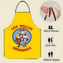 1PC Los Pollos Hermanos Apron With Cartoon Twin Roosters Design Blue Circular Logo Yellow Background Funny Chicken Character Print Kitchen Cooking Apron For Home Chefs Restaurant Staff Food Service Uni