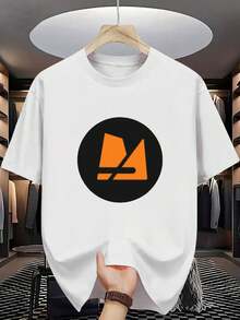 Camiseta de Algodón 100% para Hombre - Manga Corta, Cuello Redondo, Estampado Digital, Cómoda para Todas las Estaciones, Lavable a Máquina, Ideal para Salidas Diarias, Cuello Redondo, Diseño Circular, Camiseta Casual de Verano T-shirt Abstract black wavy line on teal background minimalist art piece with bold textured strokes and modern design - Blanco - Ver 1