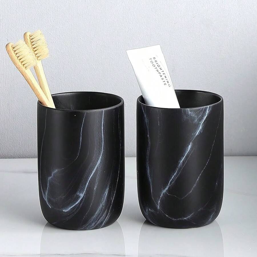 Marble Black Toothbrush Holders For Bathrooms - 2 Cups Ceramic Toothbrush Toothpaste Holders Set, Bathroom Tumbler Cups Reusable Toothbrush Cup Black Mouthwash Cup, Bathroom Counter Organizer,2pcs,BlackMarble - 黑大理石 - 查看 1