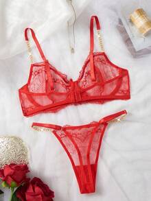 2pcs Women's Sexy Lingerie Set, Red Embroidered Lace Trim With Gold Chain, 3/4 Cup Cutout Design Adjustable Bra And Panty Set - Red - View 5