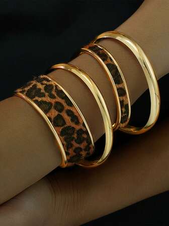 4pcs Leopard Print Bracelet Smooth Layered Bracelet Set, A And Niche Accessory