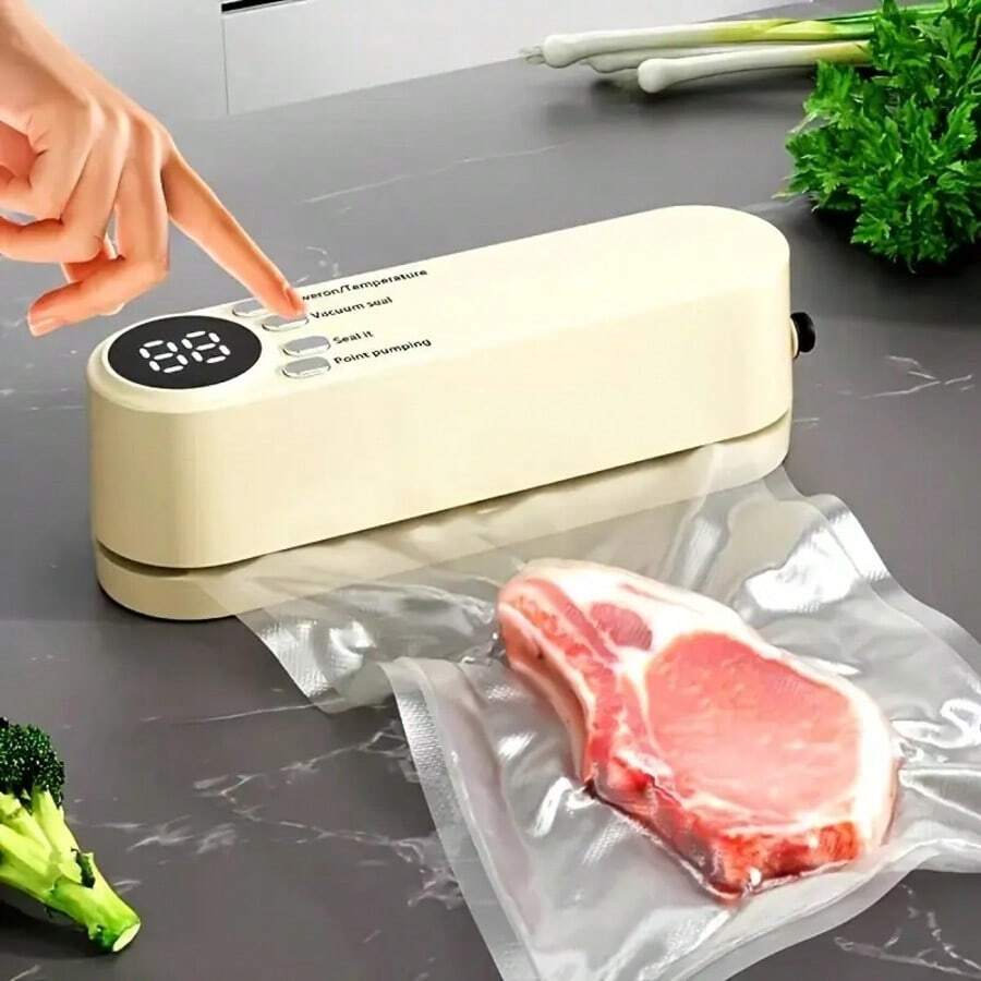 多功能自動食物封口機，附數位顯示螢幕，可密封零食袋，延長食物保質期，適用於餐廳、廚房、戶外野餐與健身場景