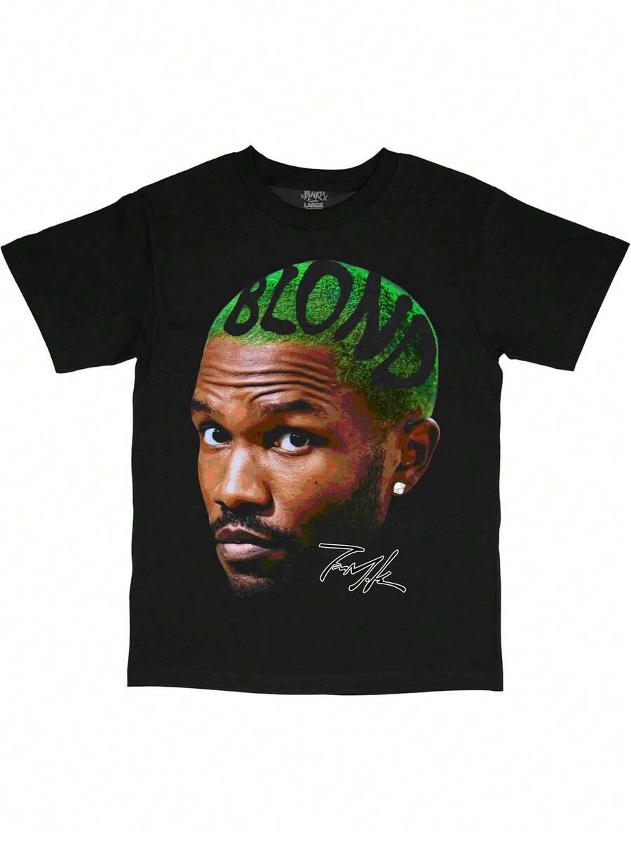 Boys And Girls' Blonde Ocean Face Streetwear Retro Style T-Shirt, Pure Cotton, Fashionable , Breathable, Moisture Wicking, Casual And Comfortable Street Fashion Summer Short Sleeved T-Shirt, The Best Gift For Boys And Girls - 黑色 - 查看 1