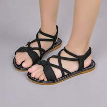 Casual Minimalist Children Open Toe Sandals, Lightweight & Comfortable Slip-On Girls Flat Sandals - Black - View 17