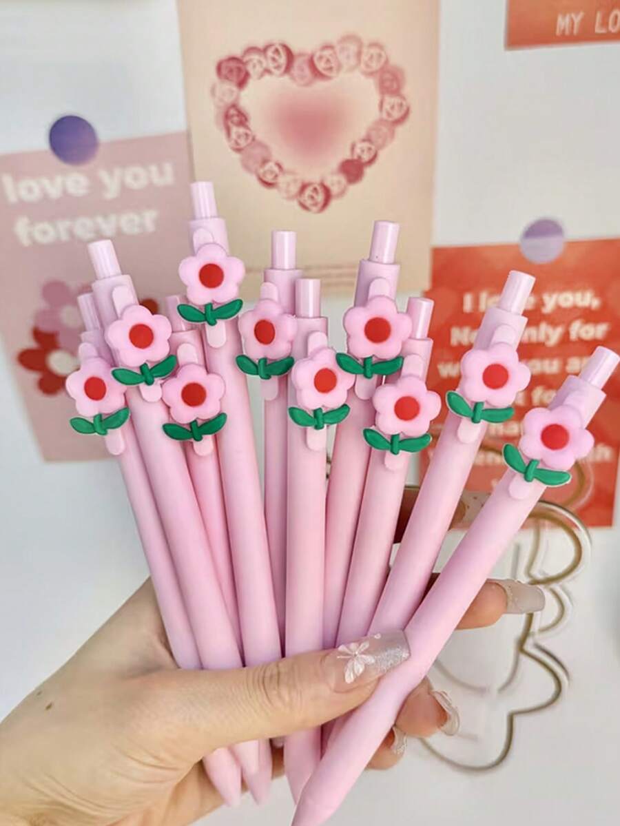 6pcs Random Minimalist Valentine's Day Theme Retractable Ballpoint Pens, Pink Floral Stickers, Gifts, Office Pens, Writing Pens, Correction Tools, Back To School Stationery, Exam Pens, Teaching Pens, Party Favors, Surprise Gifts - Multicolor - View 1