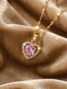 1pc Elegant Rhinestone Heart Pendant Necklace For Girls, Suitable For Party, Daily Wear, And As Birthday Gift For Friends, Gold Jewelry - Yellow Gold - View 1