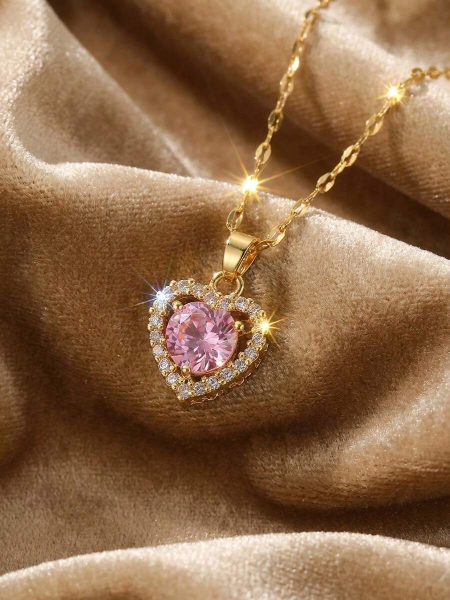 1pc Elegant Rhinestone Heart Pendant Necklace For Girls, Suitable For Party, Daily Wear, And As Birthday Gift For Friends, Gold Jewelry - Yellow Gold - View 1