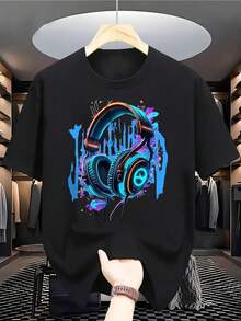 男童休闲耳机印花圆领短袖T恤，夏季学生青少年服装 - 黑色 - 查看 1