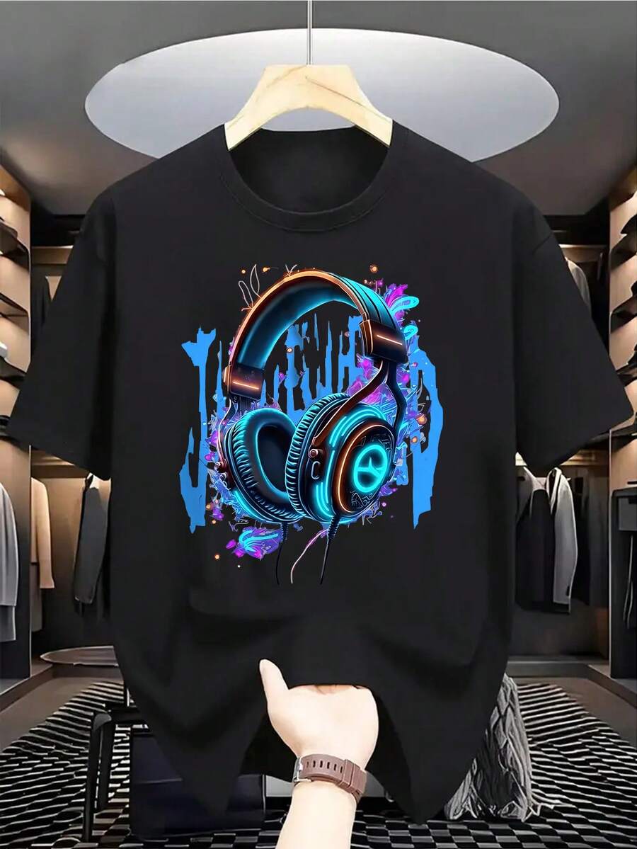 男童休闲耳机印花圆领短袖T恤，夏季学生青少年服装 - 黑色 - 查看 1