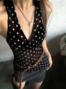 夏季休闲时尚波点印花褶皱露背吊带上衣 黑色 - 黑色 - 查看 5