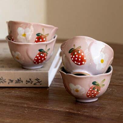 1pc/2pcs/4pcs/6pcs Cute Strawberry Floral Ceramic Teacup - Pink Petal-Shaped Hand-Painted Glazed Mug, Suitable For Home And Office, Entertaining Clients, Exquisite Small Teacup For Relatives And Friends, Cute And Beautiful Drinkware Gift