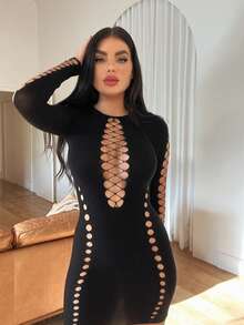 Women's Sexy Lingerie, Women's Embroidered Bodysuit, Funny Sexy Hollow Out Three-Piece Sexy Sleepwear - Black - View 3