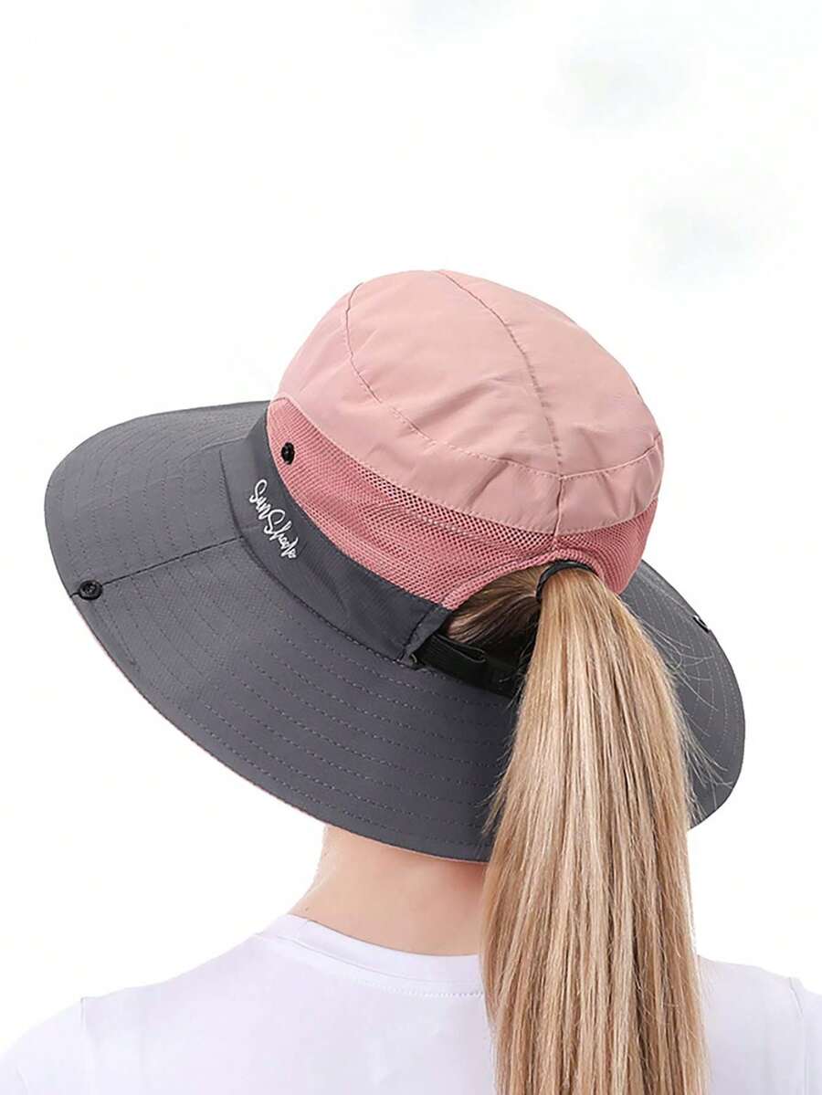 1 pieza Sombrero de sol de verano para mujer, sombrero de playa, sombrero de ala ancha con protección UV para exteriores, sombrero de cubo plegable y transpirable con malla para cola de caballo - Multicolor - Ver 1