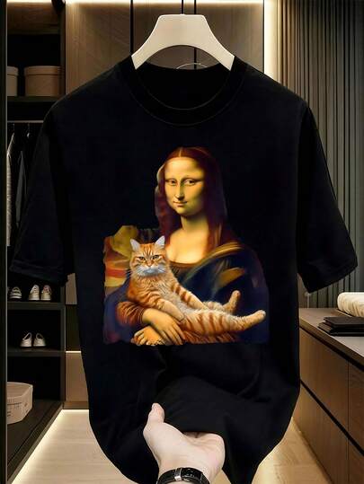 Camiseta con estampado de arte de Mona Lisa sosteniendo un gato. Camiseta Casual Unisex de Algodón con Cuello Redondo y Ligera Elasticidad.% Algodón. Tallas S-. Negro con la vibrante Mona Lisa &amp;   Diseño de gato. Camisetas gráficas para hombres, tops cortos, camiseta