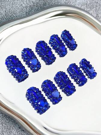 Unghie quadrate fatte a mano stile Y2K con punte trasparenti, strass blu e design 3D scintillanti a copertura totale - Unghie finte a copertura completa con glitter fai-da-te, unghie finte per feste, all'aperto, spiaggia, uso quotidiano, vacanze, raduni, lavoro ed eventi speciali - 10 pezzi/confezione