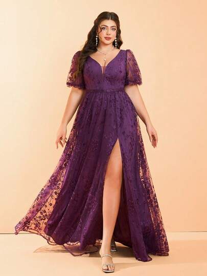 MGIACY Plus Size Purple Floral Lace V-Neck Puff Sleeve High Slit A-Line Long Dress, Elegant Women Summer Wedding, Ball, Party And Holiday Gown