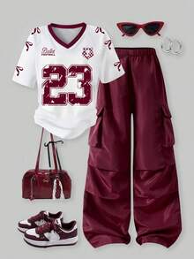 Teen Girl Casual Numeric Print Short Sleeve T-Shirt And Cargo Pants Set - Burgundy - View 1