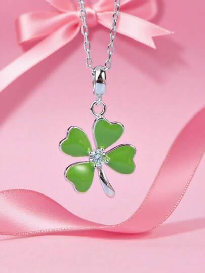 1pc Silver-Tone Four-Leaf Clover Rhinestone Pendant Necklace, Versatile Jewelry Gift For Friends