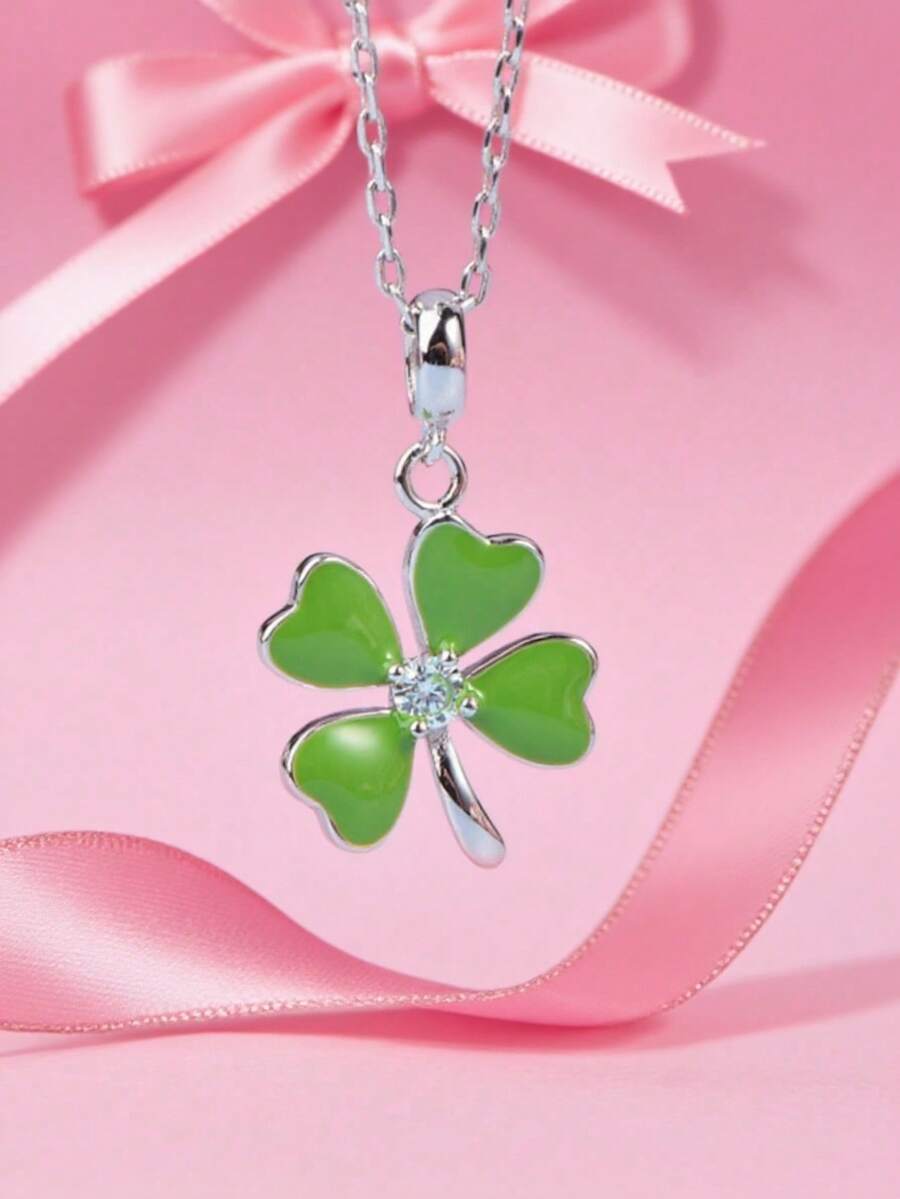 1pc Silver-Tone Four-Leaf Clover Rhinestone Pendant Necklace, Versatile Jewelry Gift For Friends - one-size - View 1