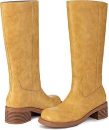 Women's Knee High Square Toe Chunky Block Riding Boots, Low Heel, 2025 Fashion - Yellow - View 11