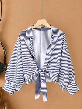 Plus Size Women Casual Commuter Striped Tie-Up Shirt, Autumn