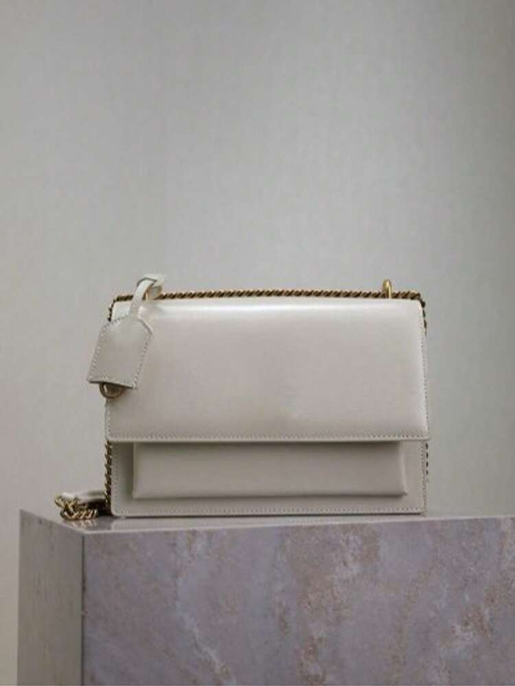 Ladies' Beige Shoulder Bag, Gold Chain Strap And Layered Flip Design, Multi Compartment Shoulder Bag, Leather Decoration, Daily Luxury - Beis - Añade 1