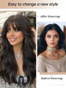 20-Inch Medium Length Black Wig, Women's Curly With Bangs, Made Of Heat-Resistant Synthetic Fiber, Perfect For New Year And Everyday Parties - 黑色 - 查看 2