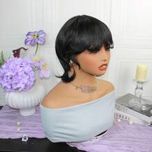 Edgy Wolf Tail Style Wig,Short Black Shaggy Pixie Wig With Bangs - Retro Business & For Halloween Cosplay Hairpiece, 6-Inch 180% Density Human Hair, Secure Fit Cap, Versatile Hairpiece For Parties & Casual Attire - Natural Black - Xem 9