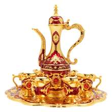 Aohuada Turkish Style Zinc Alloy Tea Set, 1 Teapot & 6 Cups - Rustproof, Heat-Resistant, Durable Tea Cups Set For Home, Restaurant, Hotel, Office, Tea House - Red Decorative Tea Ware Set - 金色 - 查看 5