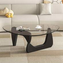 Living Room Coffee Table - A Triangular Glass Coffee Table With A Wooden Base. Abstract Dining Table, Study Room, Office, Hotel Balcony (Walnut TransparentWoodBlack Tea Table), Versatile And Comfortable - Black - View 7