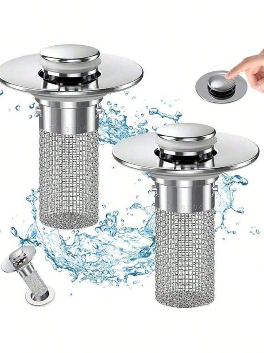 2-Pack Pop-Up Bathroom Sink Drain Strainer With Removable Stainless Steel Filter Basket - Universal Sink Stopper For Bathroom & Kitchen Basins - 銀色 - 查看 1
