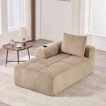 Comfortable Reclining Corduroy Sofa - No Assembly Required, Plush Sofa With Back Cushions, Side Storage Pocket For Remote Control And Mobile Phone, Built-In Cup Holder - Neat And Aesthetic. - 卡其色 - 查看 6