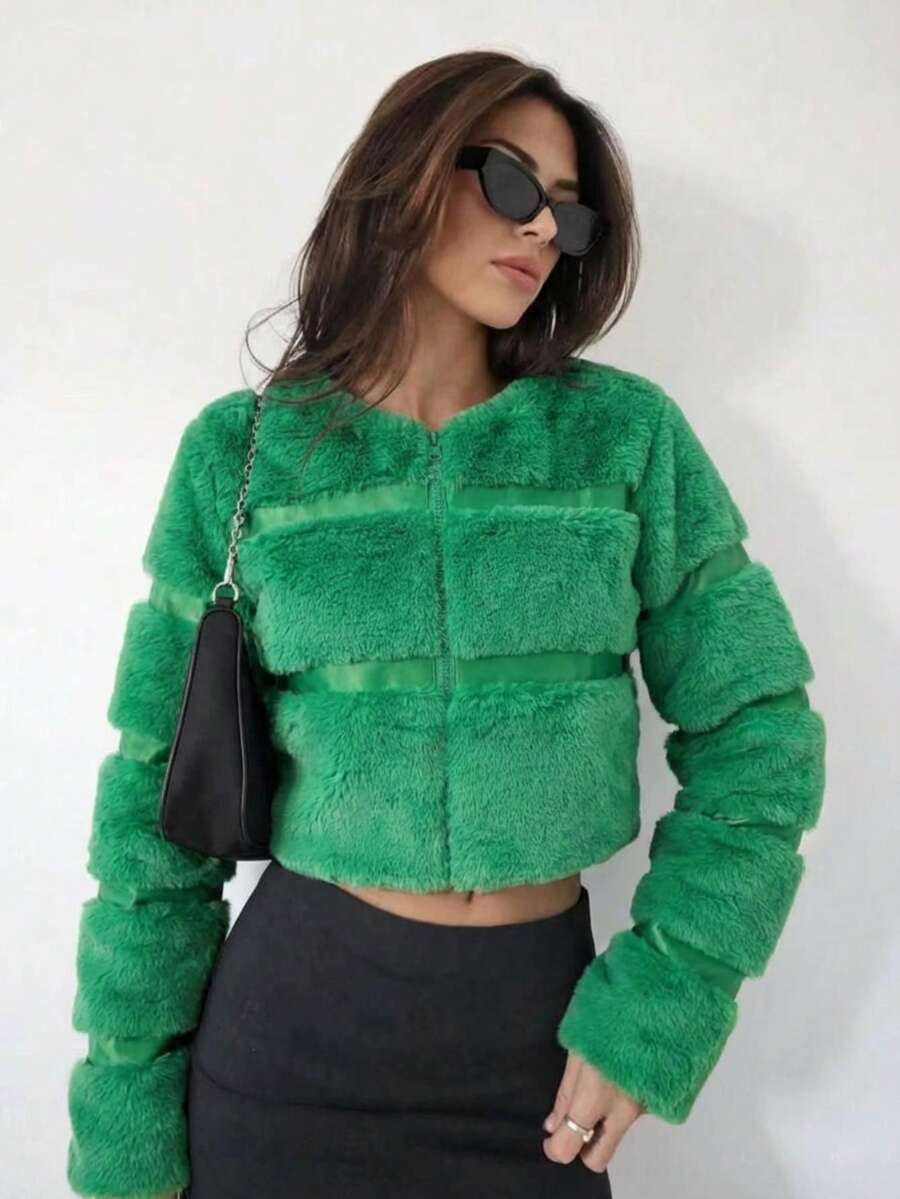 Women Faux Fur Coats - Green - View 1