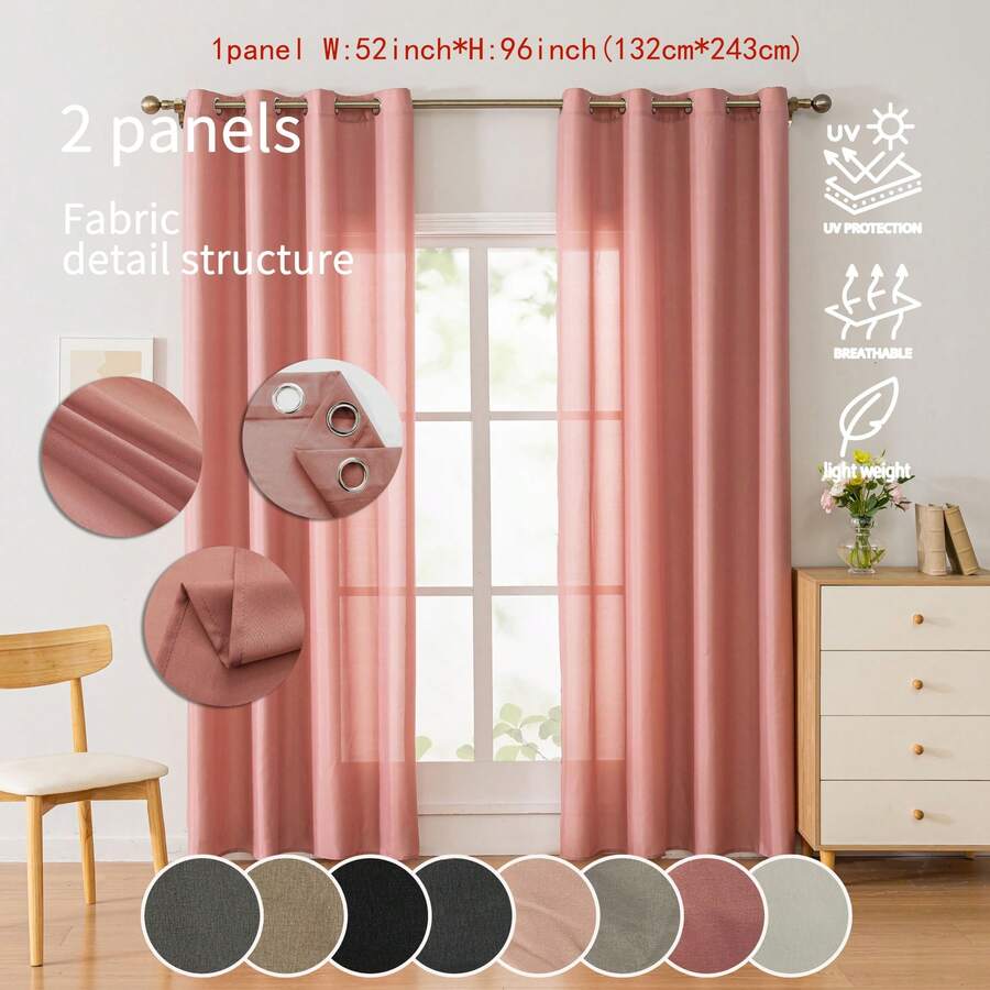 SEWLO Elegant Embroidered Sheer Curtains - Light Filtering Window Drapes For Living Room & Bedroom - 2pcs:Microfiber Pink 52inch*96inch - 查看 1