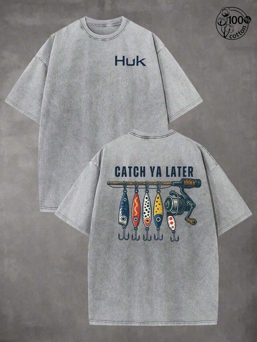 Retro HUK Fishing Pattern, CATCH YA LATER, Fishing-Shirts, Men And Women's-Shirts, Fall Clothes, 230G Wash Cotton High Quality Cotton Printed-Shirts, Men Clothes, Suitable Street Retro And Outdoor Sports And Leisure, Comfortable And Stylish, Y2k Clothes, Funny-Shirts, Streetwear,. DIC1 - 灰色 - 查看 1