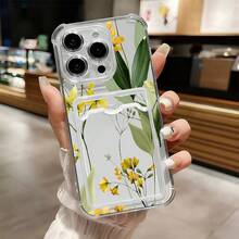 Funda para teléfono con tarjetero, diseño de flores amarillas y hojas verdes, mostrando un estilo artístico fresco y elegante, compatible con los modelos  17, 16, 15, 14 PLUS, 13, 12, 11 PRO MAX, perfecta para regalar. - Colores mixtos - Ver 6
