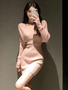 [Y6Y] 女士氛围感粉色露肩修身针织V领露背条纹性感连衣裙，适合春季穿着 - 粉色 - 查看 9