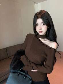 性感镂空露背修身罗纹针织短款上衣 - 咖色 - 查看 3