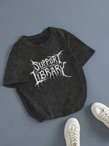 大码女式深色金属风格标语“支持当地图书馆”印花夏季服装，复古做旧水洗T恤上衣，休闲简约风格，非常适合日常穿着，圆领短袖设计，非常适合外出或夏季旅行。 - 黑色 - 查看 3