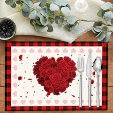 1pc/4pcs/6pcs Valentine's Day Themed Printed Linen Placemats, Suitable For Dining Table, Valentine's Day, Can Be Used As Valentine's Day Gift, Valentine's Day Decor, Applicable For All Seasons, Modern Washable Dining Table Mat, Room Decor, Coasters, Kitchen Dining Table Mats, Indoor/Outdoor Party Decor, Home Decor, Ideal Gift