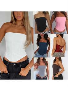 Womens Solid Tube Top, Slim Fit Tie Back Off Shoulder Sleeveless Crop Top For Summer Streetwear - màu nâu cà phê - Xem 5