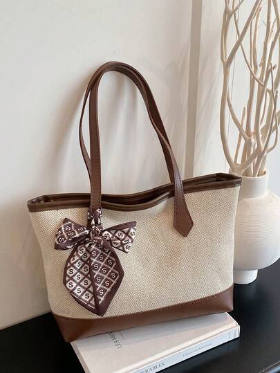 1件咖啡棕色围巾装饰撞色PU手提包，大容量女士单肩包，冬季新款