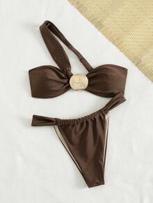 Women's Solid Color Shiny Bandeau Bikini 2 Pieces Set, Spring/Summer - Brown - View 4