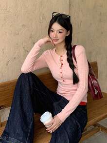 [Y6Y] 女士粉色针织亨利领长袖网纱镂空修身上衣，适合春夏休闲穿着 - 粉色 - 查看 5