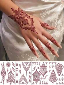 4 fogli di adesivi per tatuaggi temporanei all'henné marrone, mehndi, naturali, per mani, impermeabili, con motivi floreali, adatti per donne, decorazioni per Ramadan, matrimoni, feste e eventi - Castano - Visualizzare 1