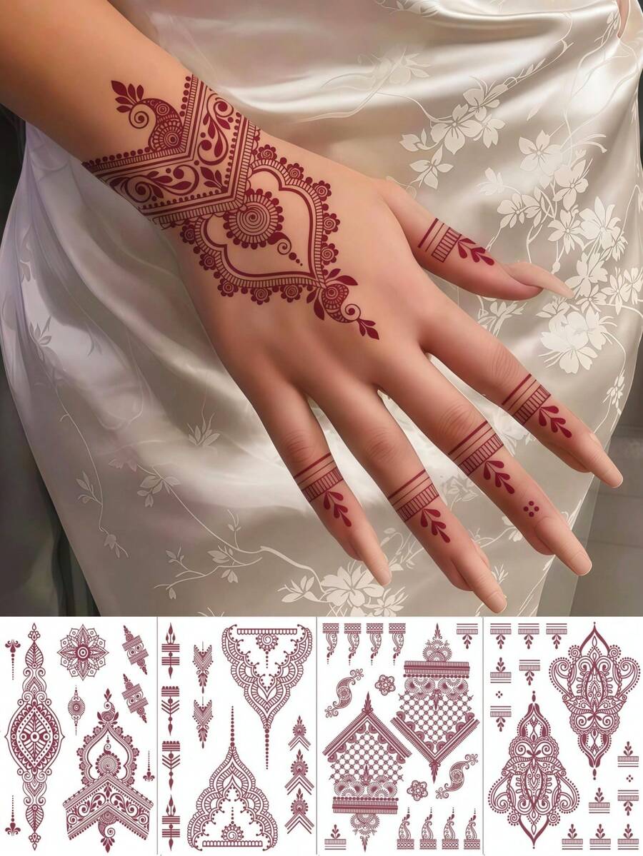 4 fogli di adesivi per tatuaggi temporanei all'henné marrone, mehndi, naturali, per mani, impermeabili, con motivi floreali, adatti per donne, decorazioni per Ramadan, matrimoni, feste e eventi - Castano - Visualizzare 1