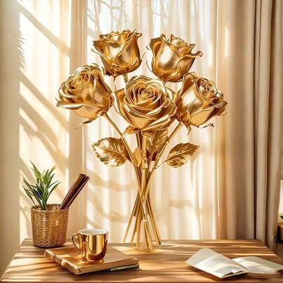 2/4支仿真金玫瑰花，婚礼餐桌中心装饰，金色玫瑰仿真花套装，家居节日装饰室内/室外卧室客厅，酒店婚礼派对拍照道具，适用于家居、婚礼、生日、周年纪念、派对、情人节、母亲节、家居装饰仿真塑料植物