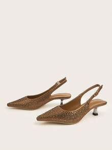 女士水钻装饰猫咪金属跟尖头套脚穆勒凉鞋，闪亮材质，时尚优雅，适合派对和正式场合穿着，低跟 - 棕色 - 查看 2